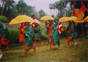 Walking in the rain, Dhammayietra 17 in Kompong Thom province